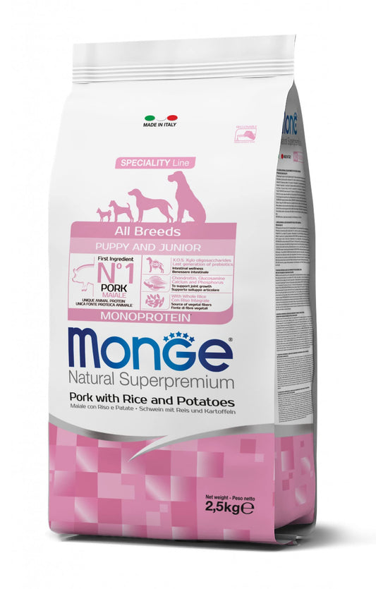 monge dog puppy e junior monoprotein maiale riso e patate